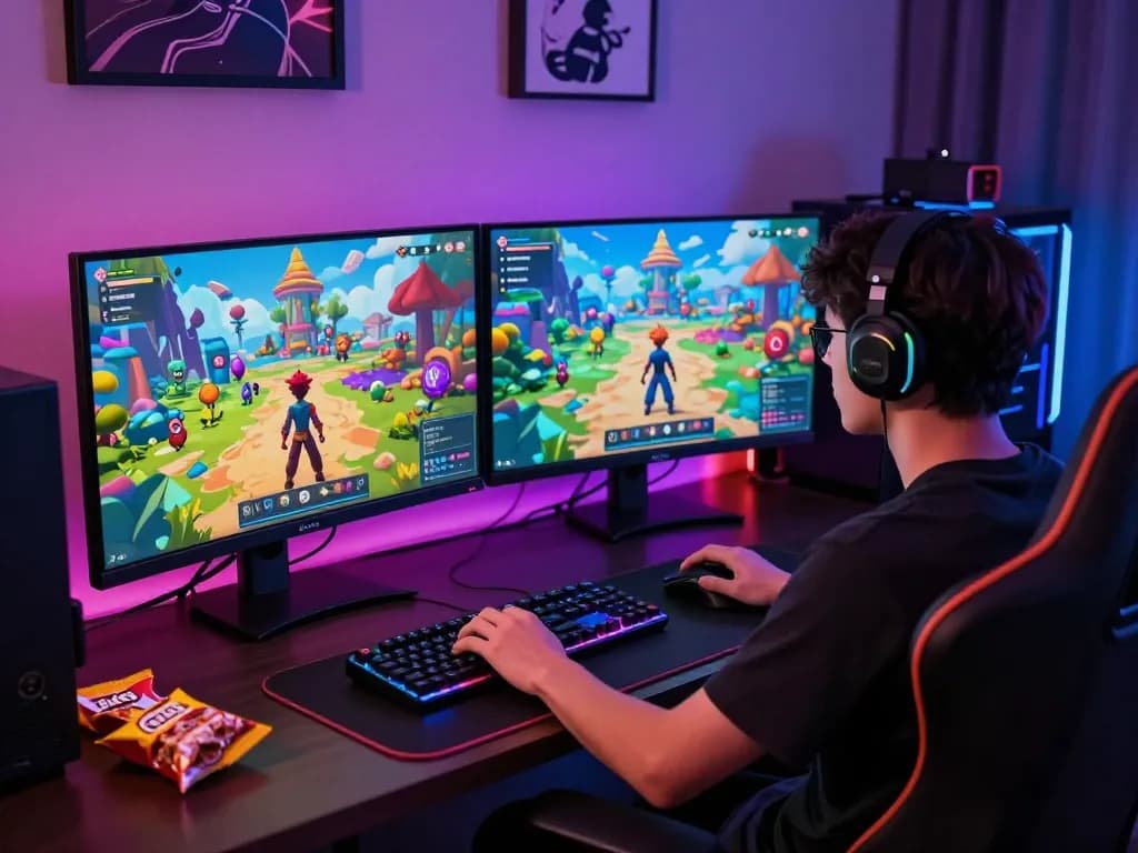 Engaged player enjoying immersive hentai games on a high-resolution gaming setup featuring colorful animations and dynamic lighting.