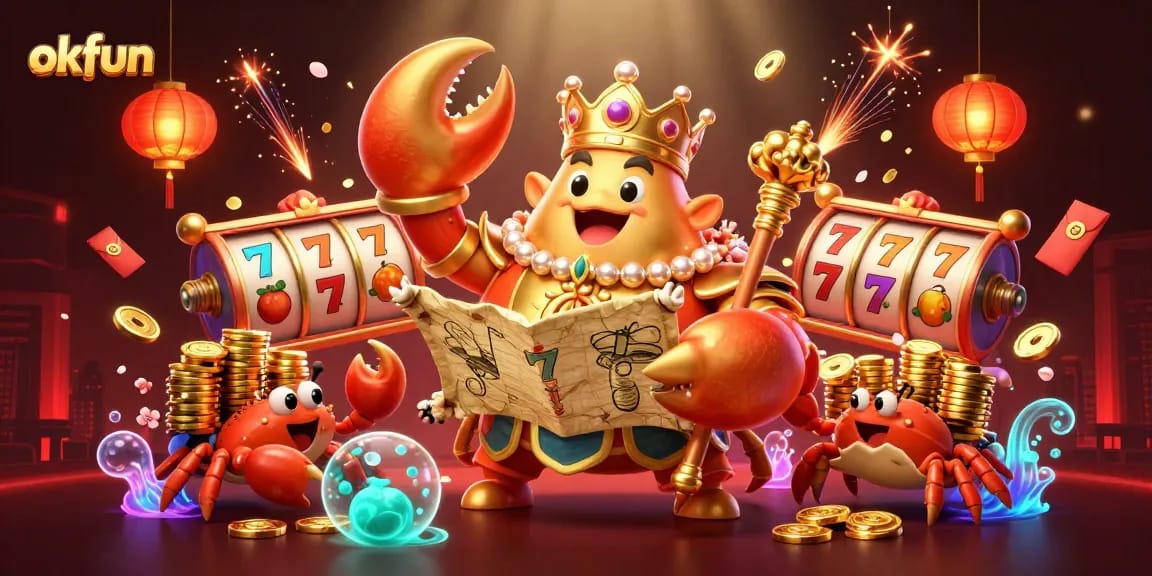 Experience thrilling slots with okfun's golden crab emperor and vibrant 3D game elements.