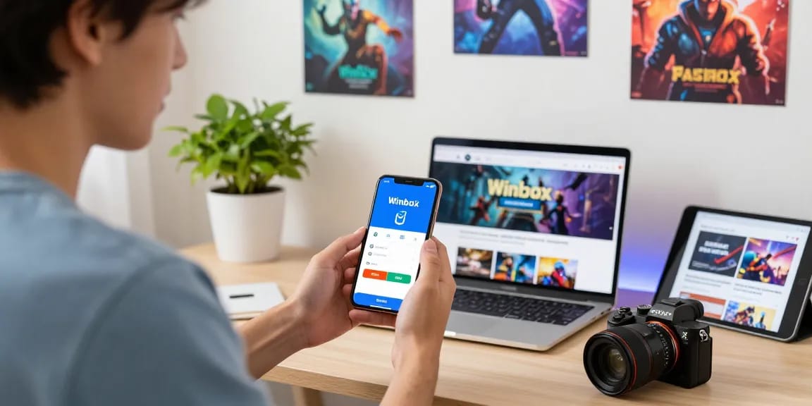 Engaging scene of Winbox download apk tutorial on smartphone and laptop in a vibrant gaming setup