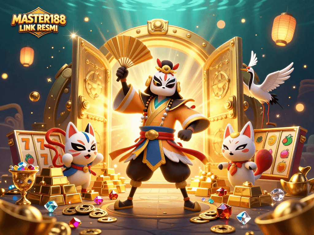 Experience the excitement of gaming with MASTER188 LINK RESMI in vibrant 3D illustration.