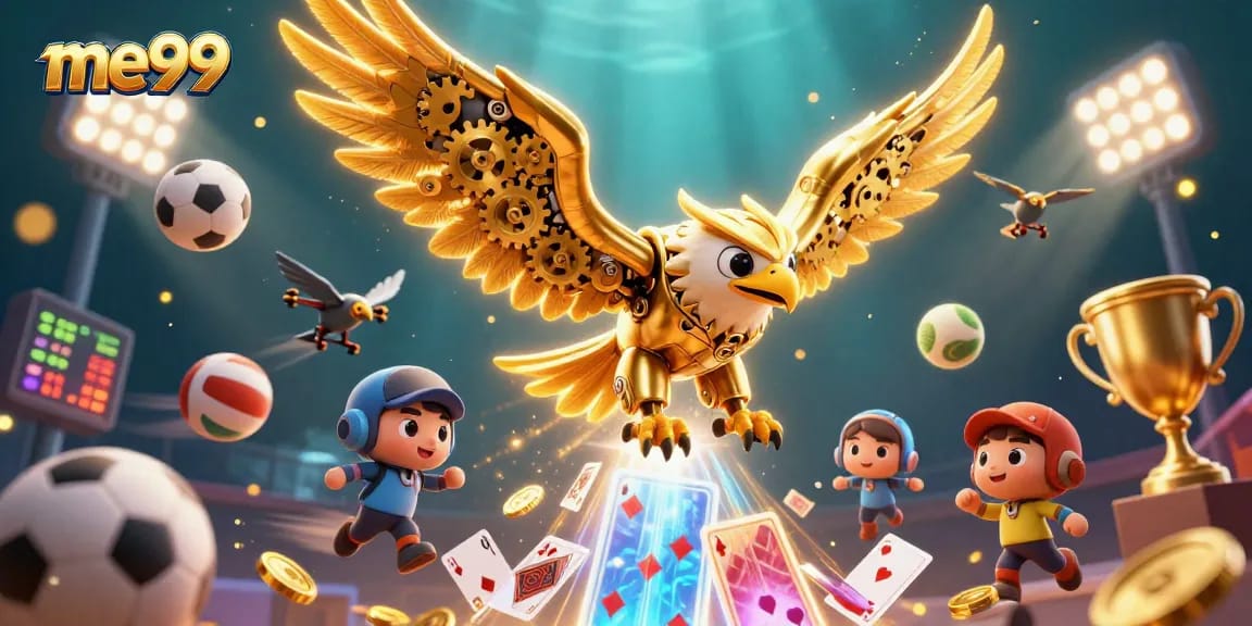 Engage with me99 as the golden eagle dives through playful holographic cards, symbolizing thrilling online gameplay.