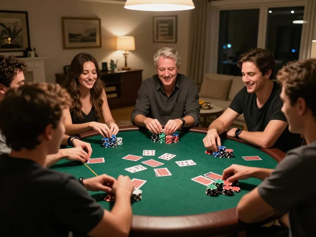 Joya9 players engaged in a friendly poker night, showcasing colorful chips and cards.