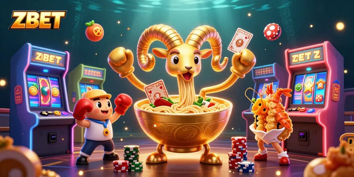 ZBET interactive gaming scene shows a vibrant 3D illustration of a giant ramen bowl dealing cards, surrounded by casino elements.