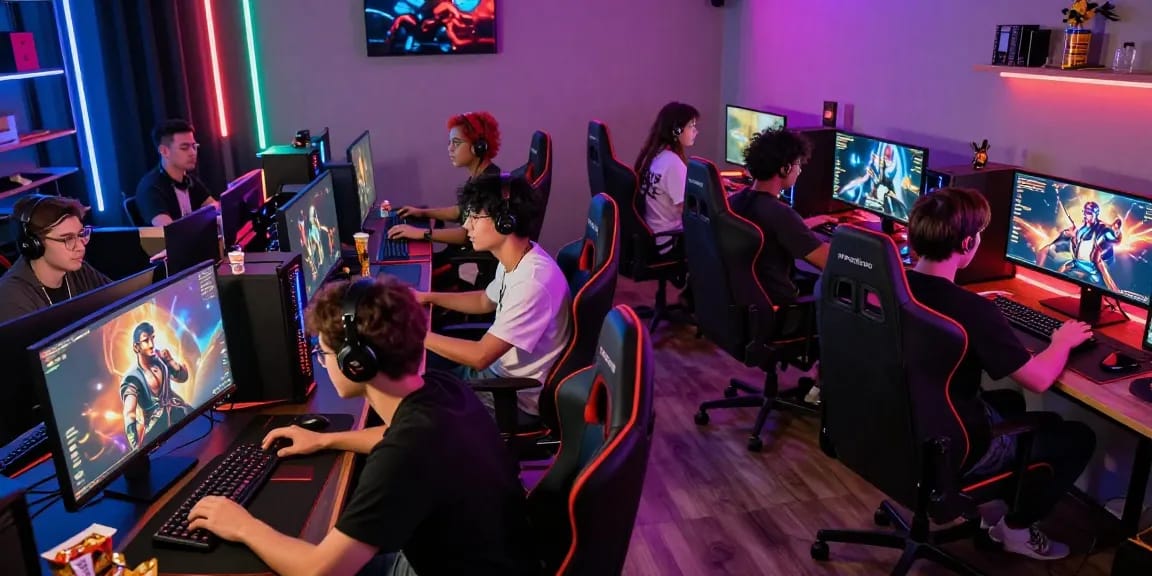Exciting gaming scene with players enjoying a porn game online in a vibrant atmosphere