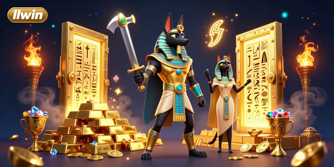Engage with the winning strategies at llwin in this vibrant 3D casino scene showcasing Anubis and treasure.