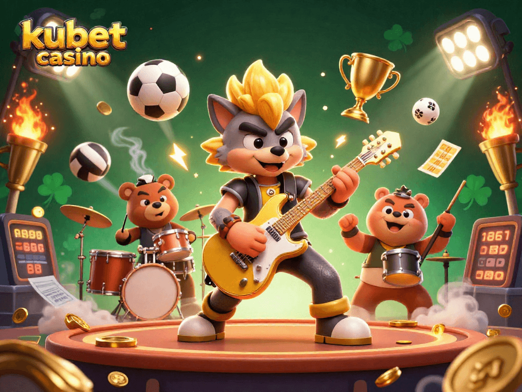 Kubet casino showcases an electrifying scene with a rock star wolf shredding guitar, sports elements, and vibrant casino atmosphere
