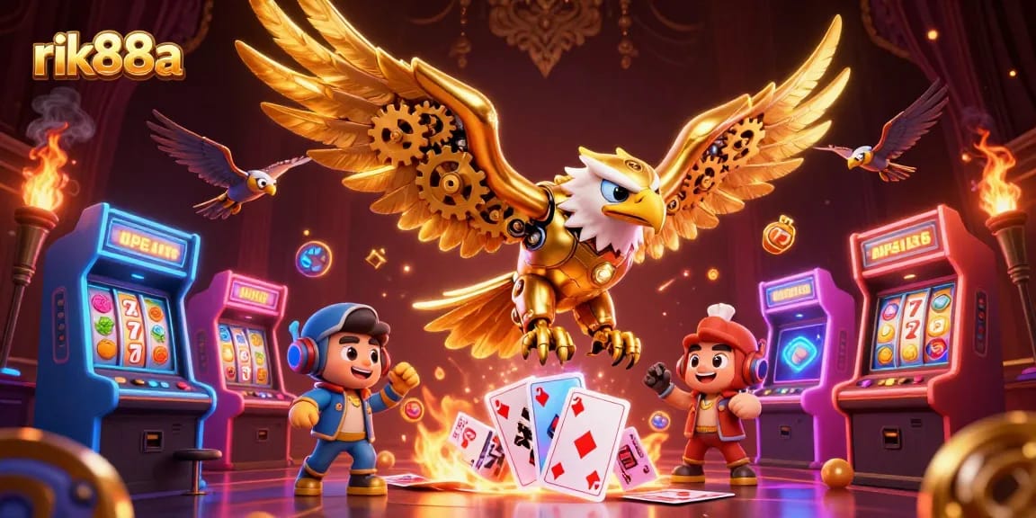 Experience the thrill of rik88a with dynamic golden eagle diving through holographic casino elements.