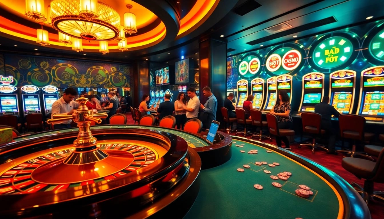 Engaging scene at nhà cái thabet showing players at poker tables and slot machines in a luxurious casino setting.