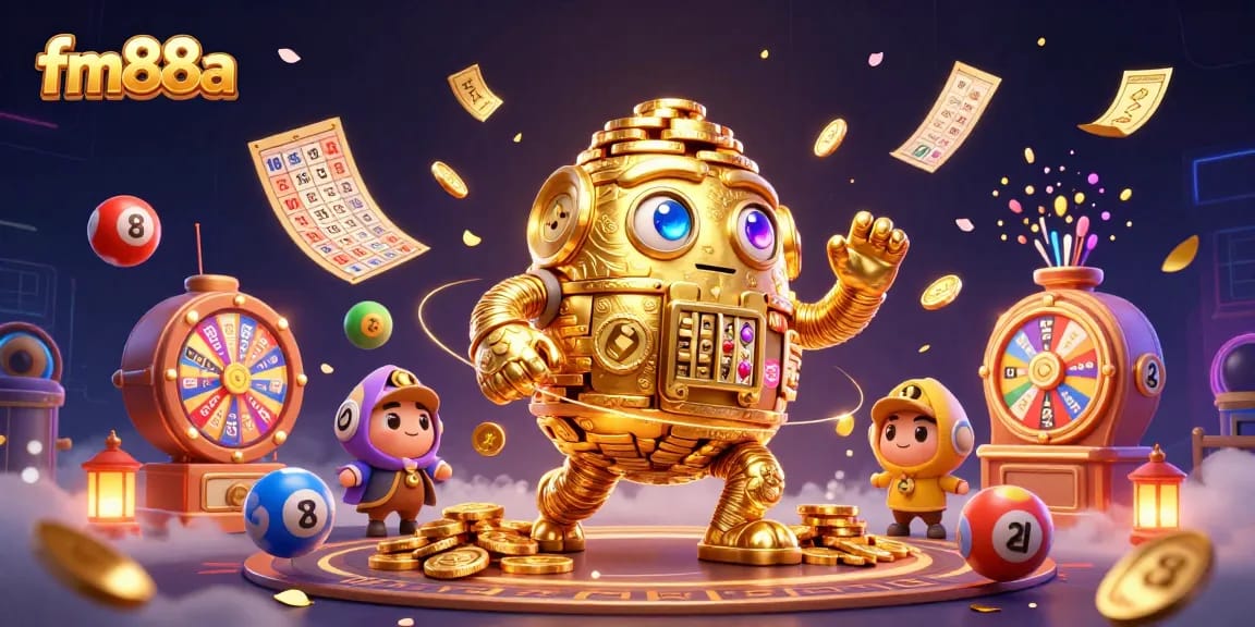Catch the excitement of fm88a with a vibrant lottery and casino scene filled with gold coins and colorful elements!