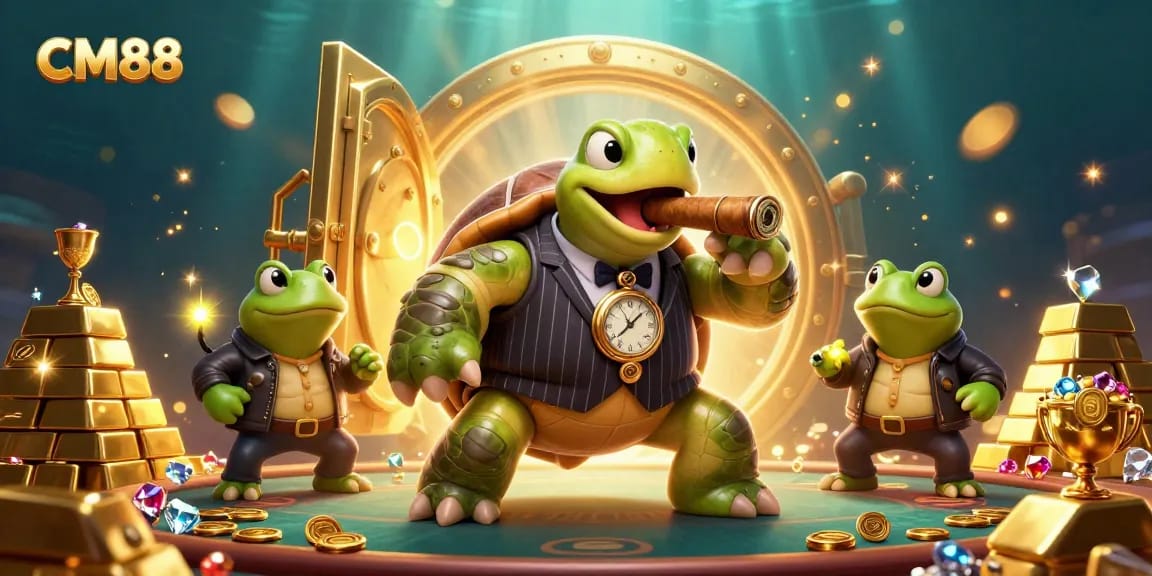 Shoot fish at CM88 while enjoying a vibrant underwater casino scene with a turtle mobster.