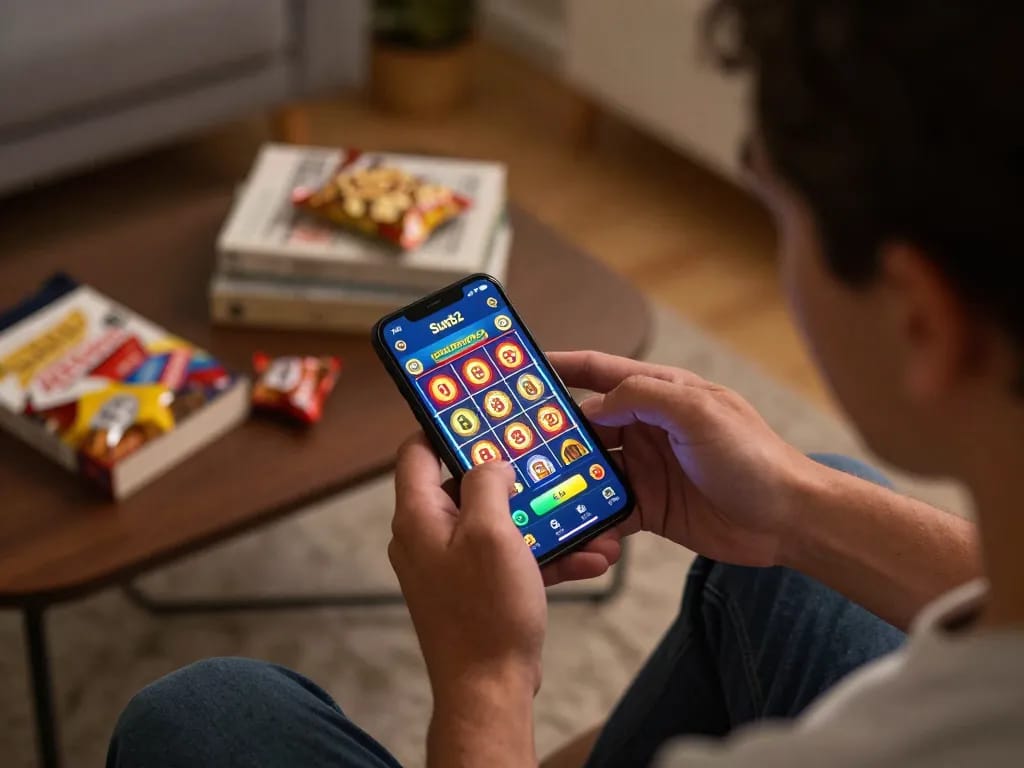 Tải Sun52 for a thrilling online gaming experience with colorful slot graphics on a smartphone.