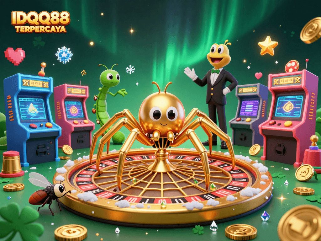 Experience IDQQ88 TERPERCAYA with a vibrant casino scene featuring a golden spider croupier and colorful gaming elements.