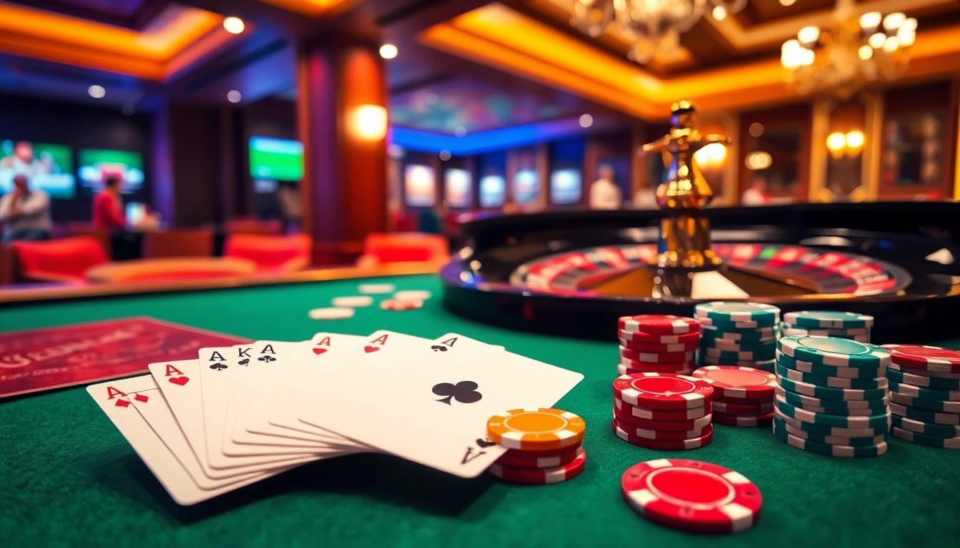 Players enjoying the thrill of casino games at 33Win with vibrant roulette and poker elements.