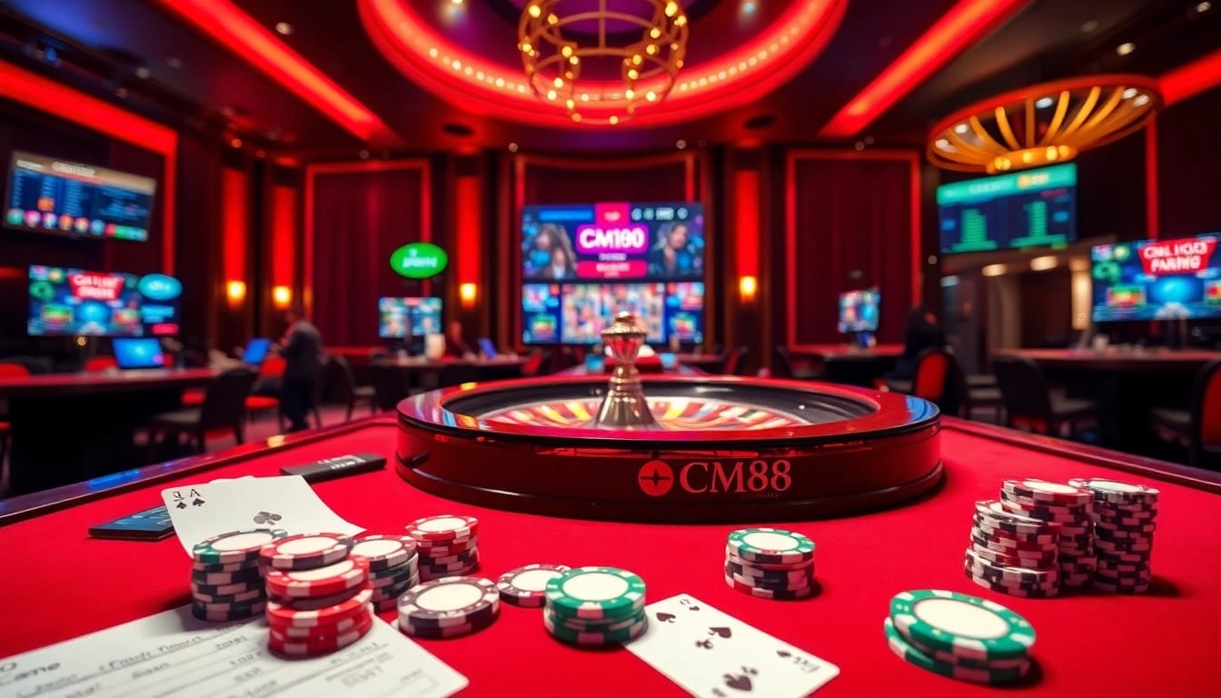 Experience the excitement of gambling at CM88 with a luxurious casino scene filled with roulette, cards, and chips.