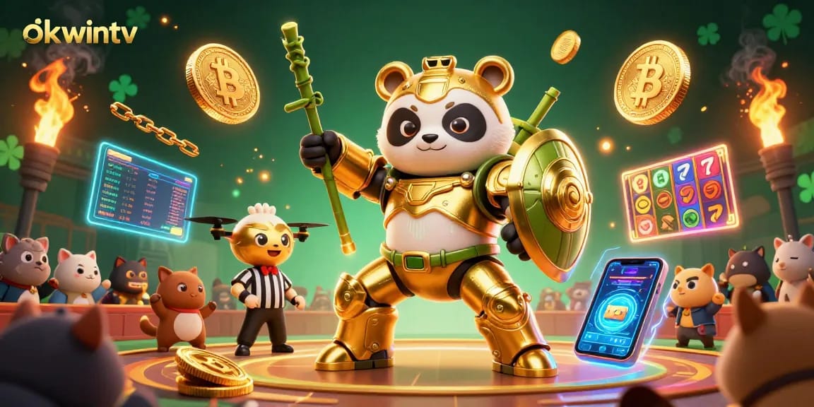 Experience thrilling gaming with okwintv featuring a golden panda in a dynamic casino scene.