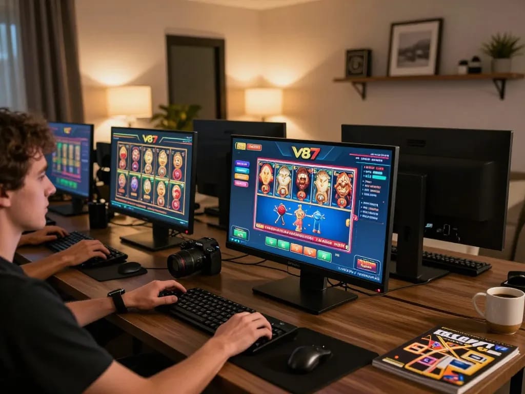 Memainkan permainan kasino V87 yang menarik di laptop modern, menampilkan gameplay online yang mendebarkan.