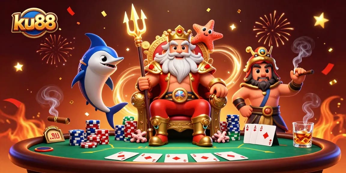 Engage with ku88's 3D casino magic, featuring Neptune, poker elements, and vibrant celebration effects.
