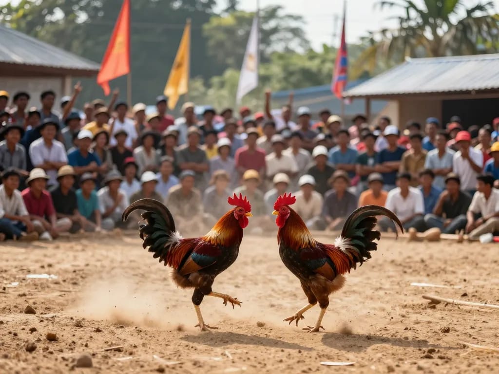 Xem đá gà Thomo trực tiếp diễn ra trong một đấu trường ngoài trời thú vị với khán giả cổ vũ