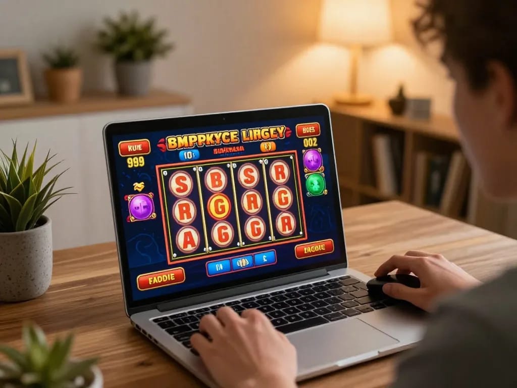 Engaging with pokies australia at home on laptop, showcasing exciting gameplay during online session.