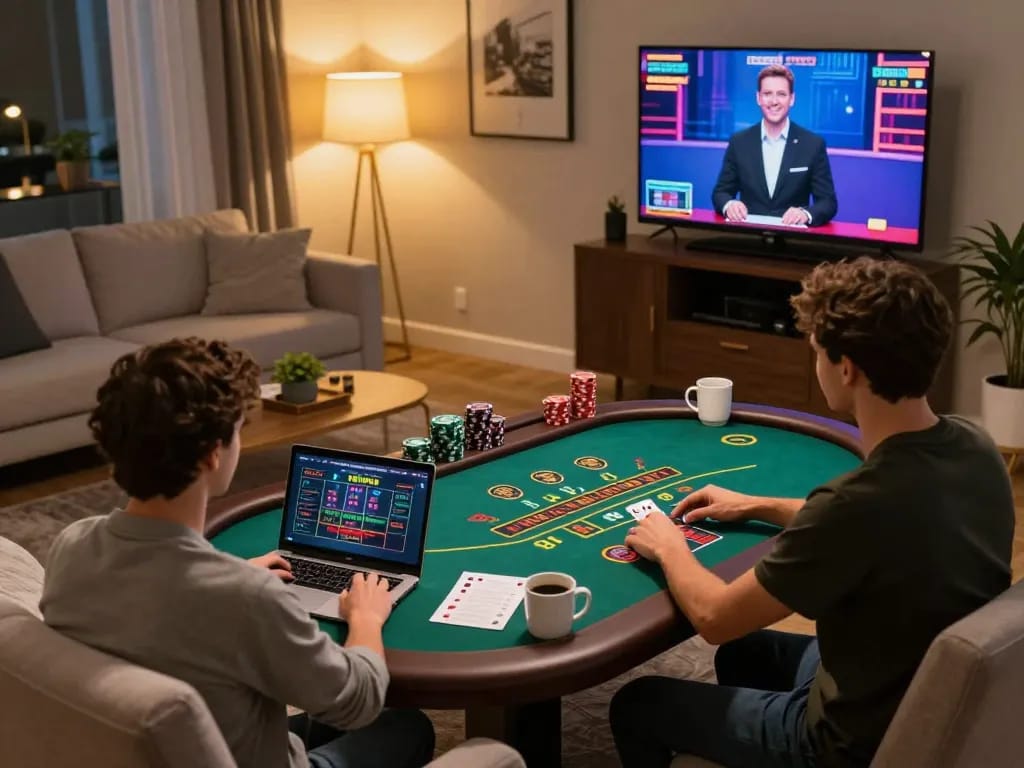 Player engaging with live dealer blackjack on laptop in a cozy room reflecting m88zo gaming atmosphere.