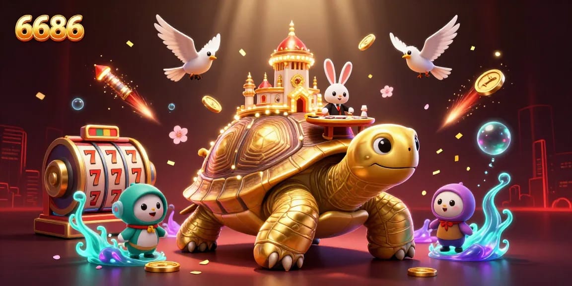 Bettors enjoying 6686 with a vibrant golden tortoise casino scene filled with slot reels and lucky symbols.