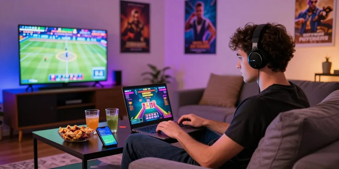 Dynamic online gaming atmosphere featuring credit card casinos at https://chps.org.uk with colorful LED lighting and a casual gamer.