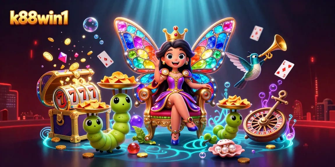 Spin to win with k88win1 as a colorful butterfly queen presides over the casino realm.