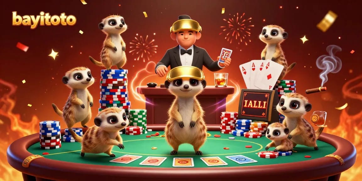 Experience exciting casino action at bayitoto with meerkats managing a bustling poker scene.
