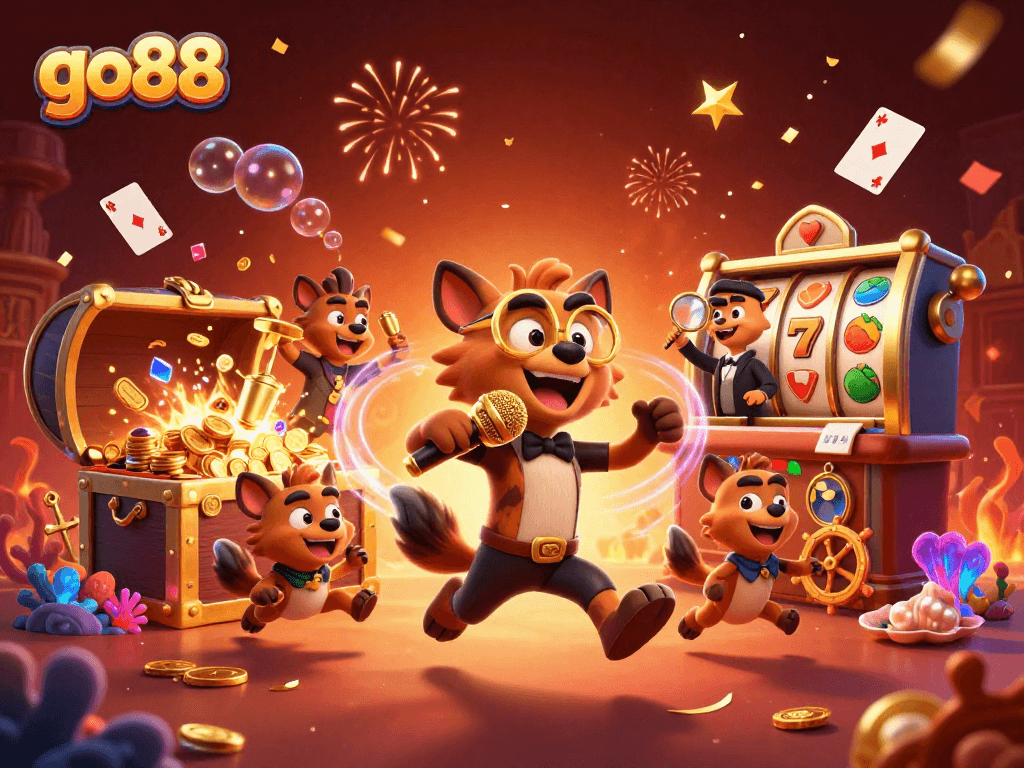 Join the fun at go88's comedy casino with hyenas mixing drinks, performing, and checking IDs.