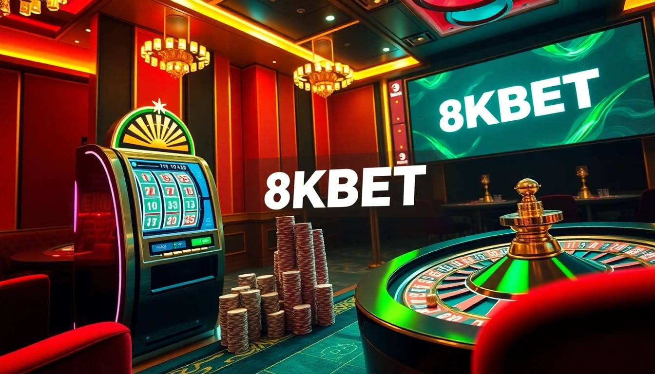 Experience the excitement of 8KBET with a luxurious online casino scene featuring vibrant slot machines and roulette wheels.