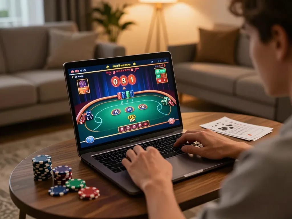 Engaging in an exciting rik vip online gambling session, showcasing vibrant game graphics on laptop.