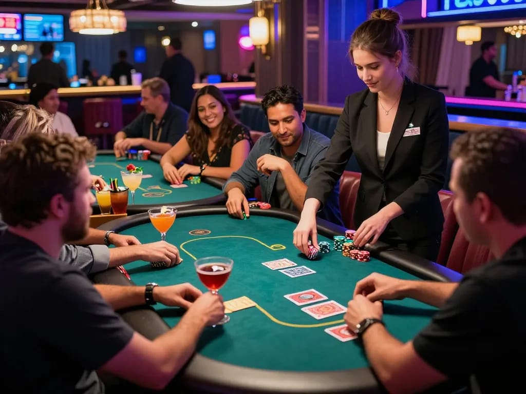 NoHu casino atmosphere with patrons enjoying poker and cocktails in upscale Las Vegas setting