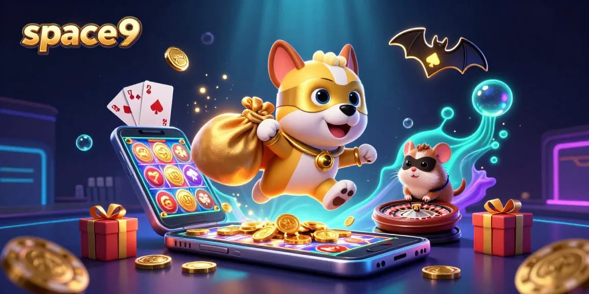 Experience a thrilling adventure at Space9 Casino with a superhero dog and hamster amidst vibrant gaming elements.