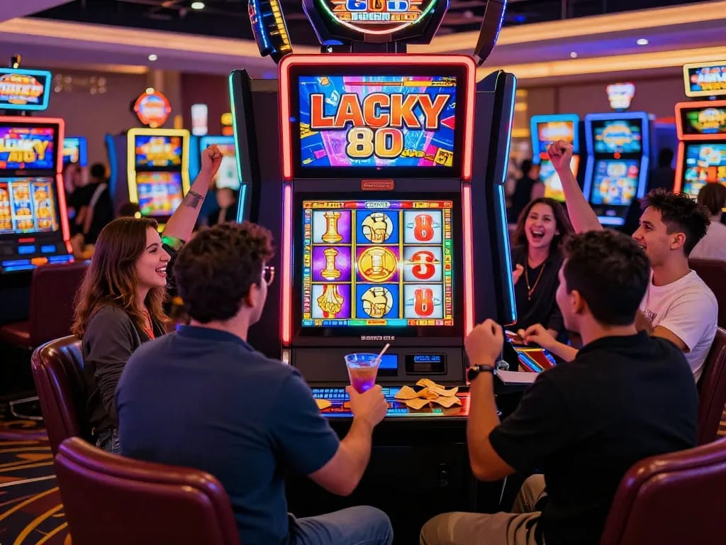 Excited players celebrating a big win on the Lucky 88 slot machine in a lively casino.