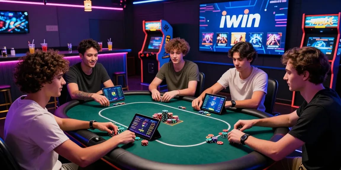 Exciting iwin gaming lounge with friends playing poker amidst vibrant LED lights and high-tech gadgets.