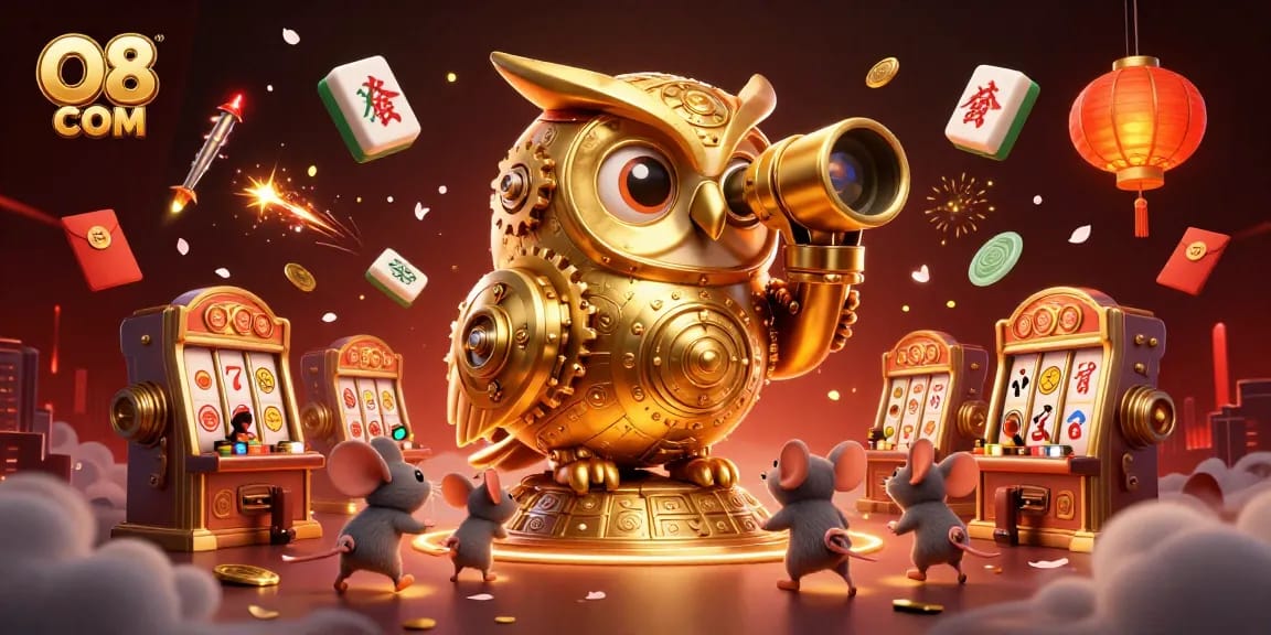 Engage with O8 COM by witnessing a vibrant scene of a clockwork owl overseeing a bustling casino atmosphere.