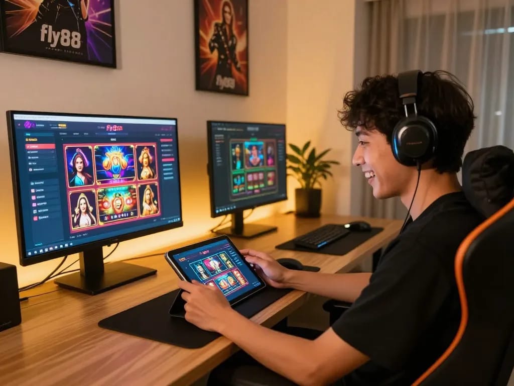 Engaged user exploring the Fly88 com online casino platform on a tablet, showing excitement in a warm gaming space.