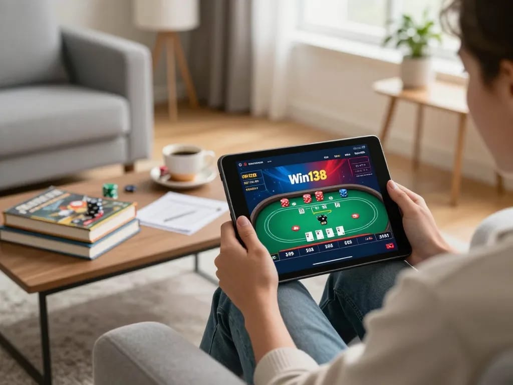 Player enjoying Win138 online poker game on tablet in cozy home setting with betting notes.