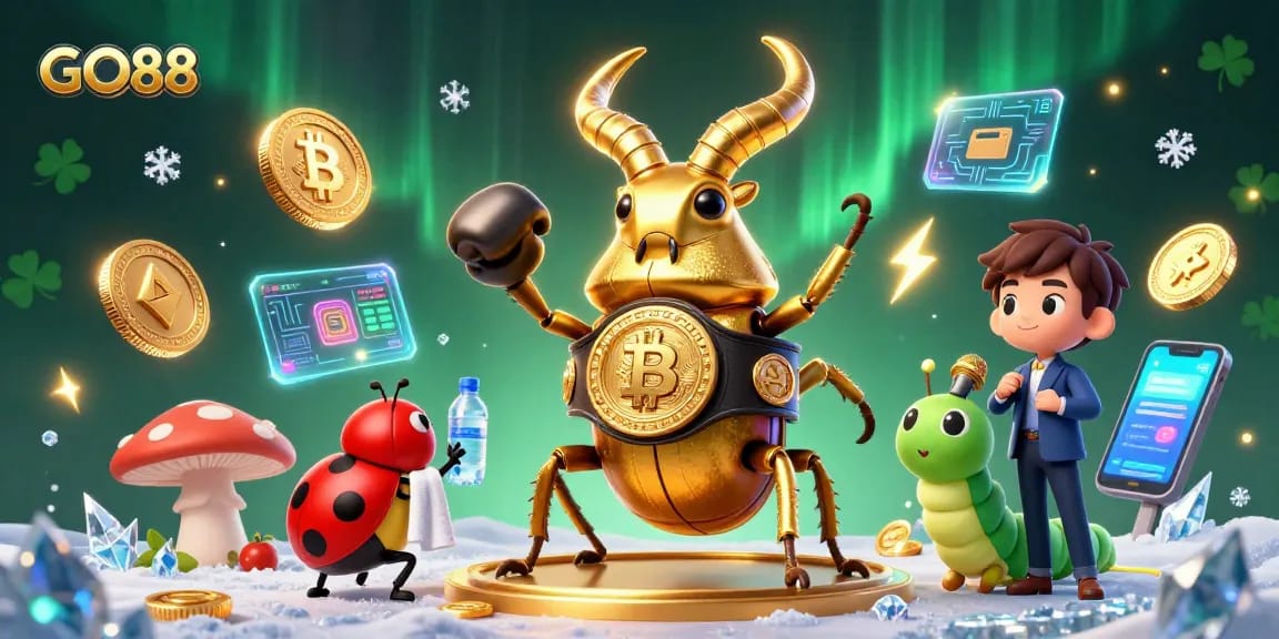 Experience GO88 action with vibrant 3D characters, winning games, and glowing crypto elements.