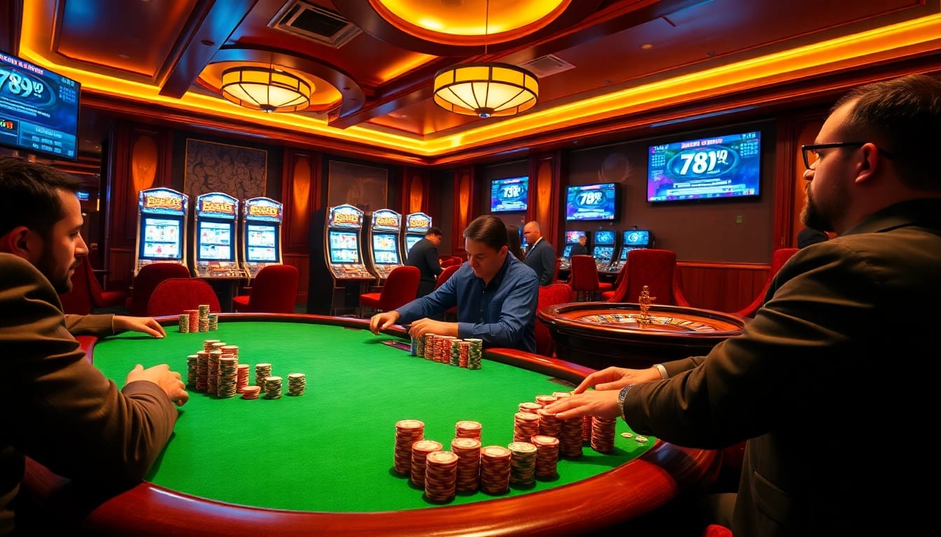 Gambling at a luxurious casino featuring poker tables and animating slot machines at https://789win.associates/.