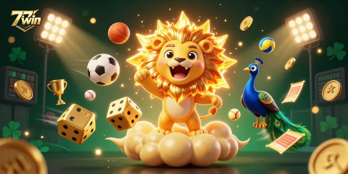 Experience thrilling wins at 77win with golden dice, sports excitement, and vibrant casino visuals.
