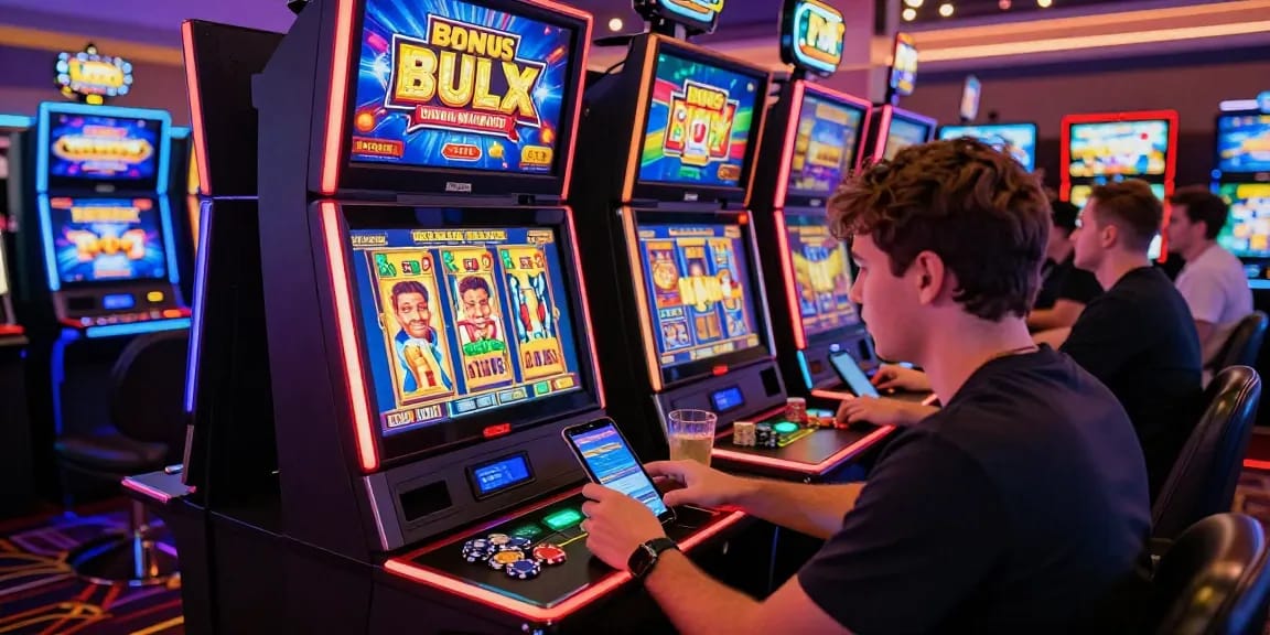 Online casino player enjoying Bonus Buy slots at https://cocomaya.co.uk with vibrant neon lights and engaging game graphics.