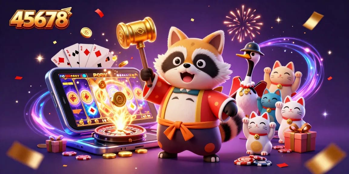 Experience exhilarating gameplay at 45678 with the cheerful tanuki and exciting slot game elements.