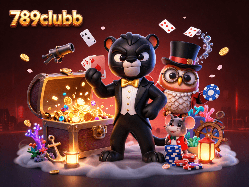 Engage with 789clubb’s stylish casino scene featuring a panther dealer, owl, and lucky mouse.
