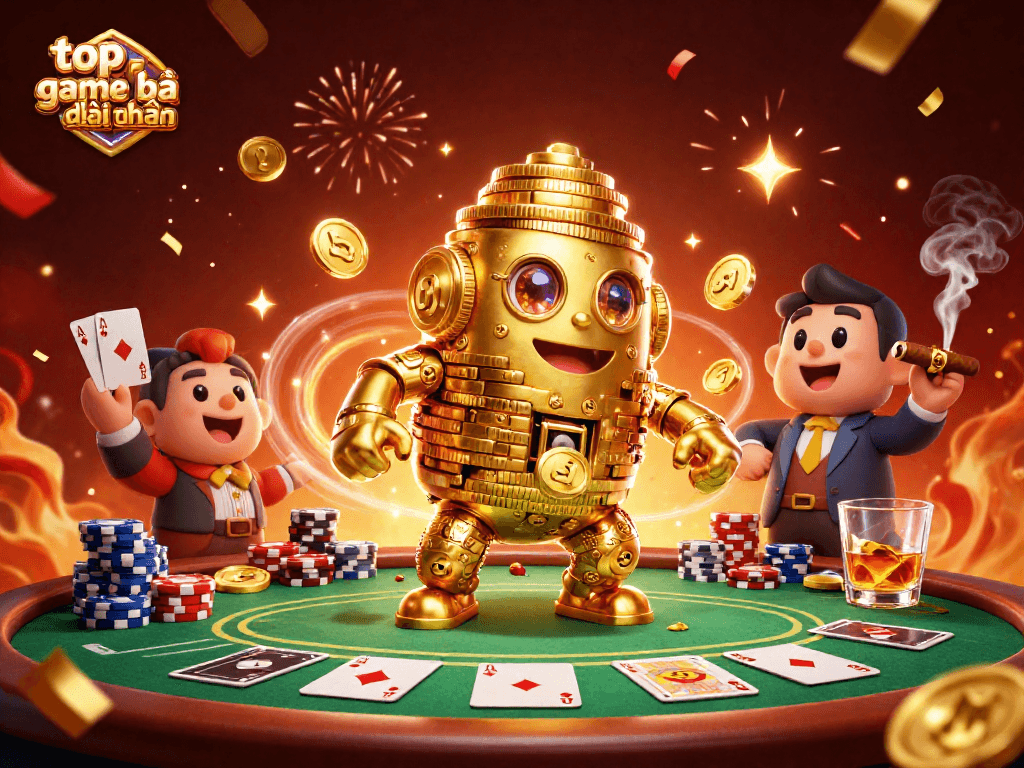Engage in the top game bài đổi thưởng with a vibrant 3D casino illustration featuring dynamic poker action and gold coin sprites.