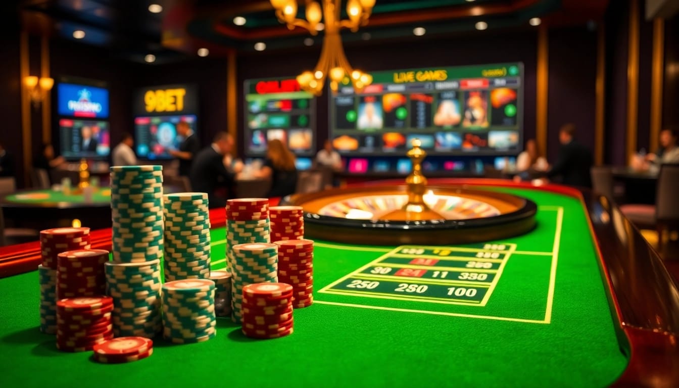 Experience high-stakes gaming at 9BET's luxurious casino tables with poker chips and roulette wheels.