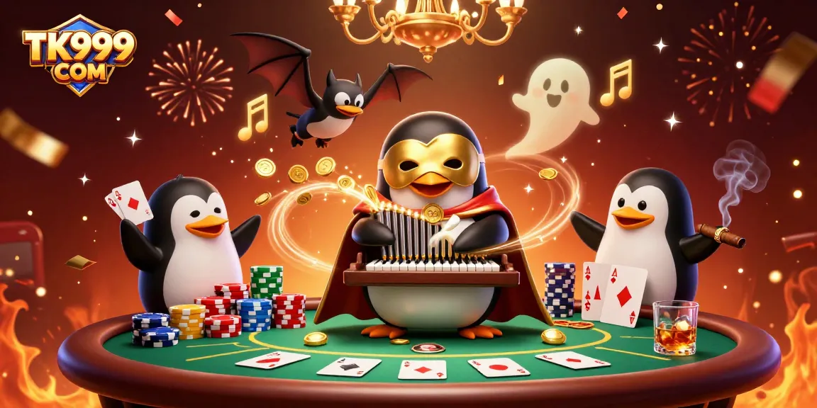 Play exciting casino games at TK999 COM with our vibrant 3D gaming illustration showcasing fun activities.