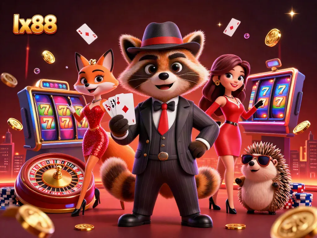 Engage in thrilling gameplay with lx88, featuring a cartoon raccoon, fox, and hedgehog amidst vibrant casino elements.