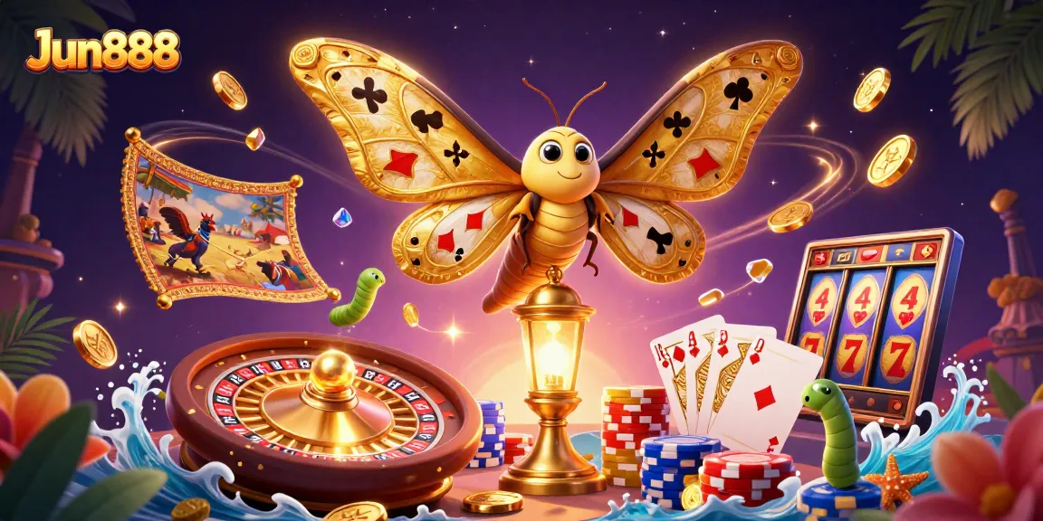 Experience intense cockfighting action with Jun888's vibrant casino scenes featuring golden moths and sparkling gems.
