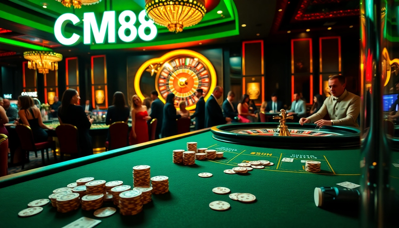 Engaging casino atmosphere with CM88 sign and vibrant gaming elements, showcasing excitement.